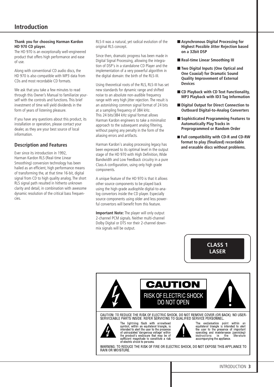 Introduction, Class 1 laser | Harman-Kardon HD 970 User Manual | Page 3 / 16