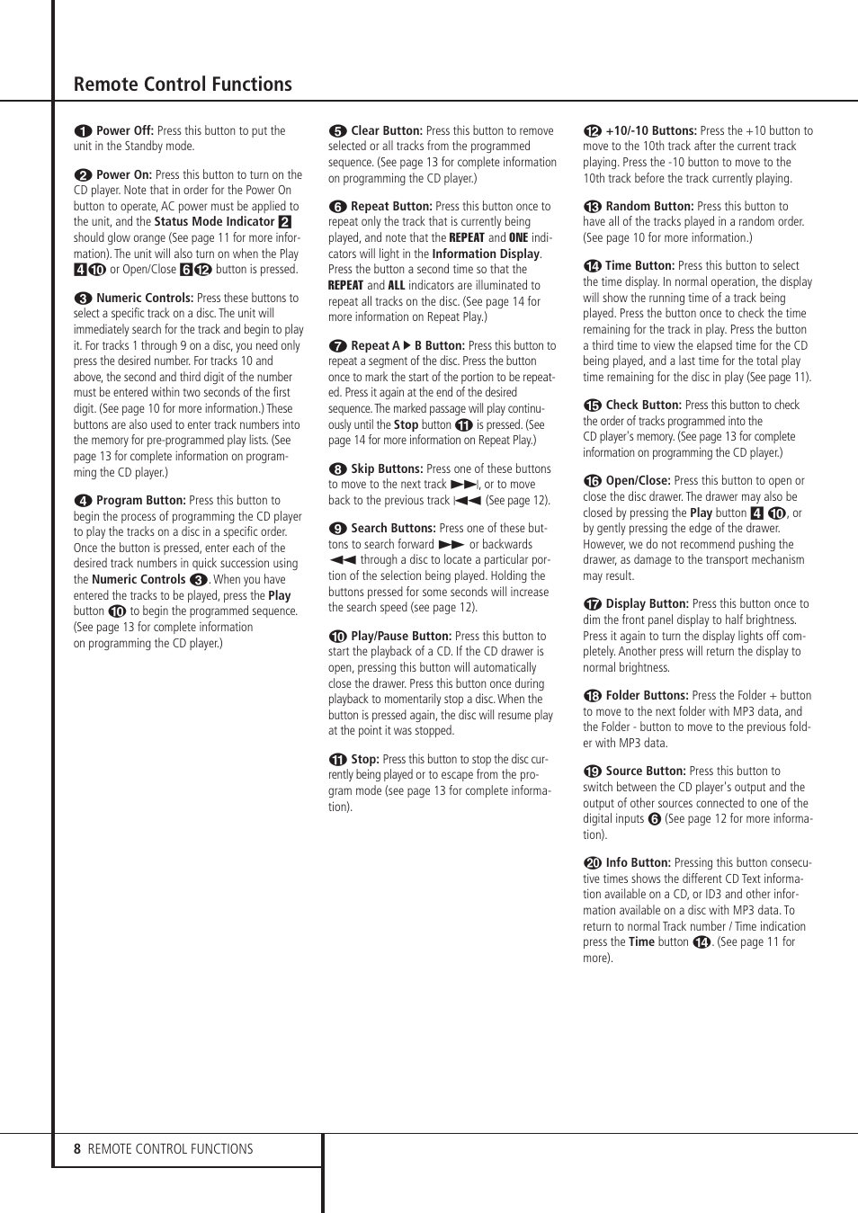 Remote control functions | Harman-Kardon HD 970 User Manual | Page 8 / 16
