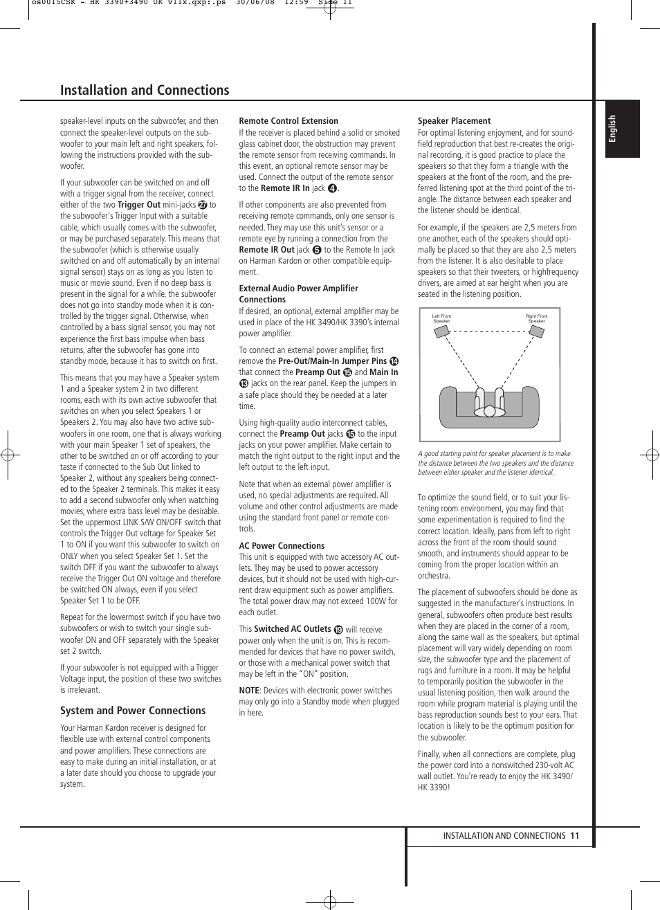 Installation and connections, System and power connections | Harman-Kardon HK 3390 User Manual | Page 11 / 20