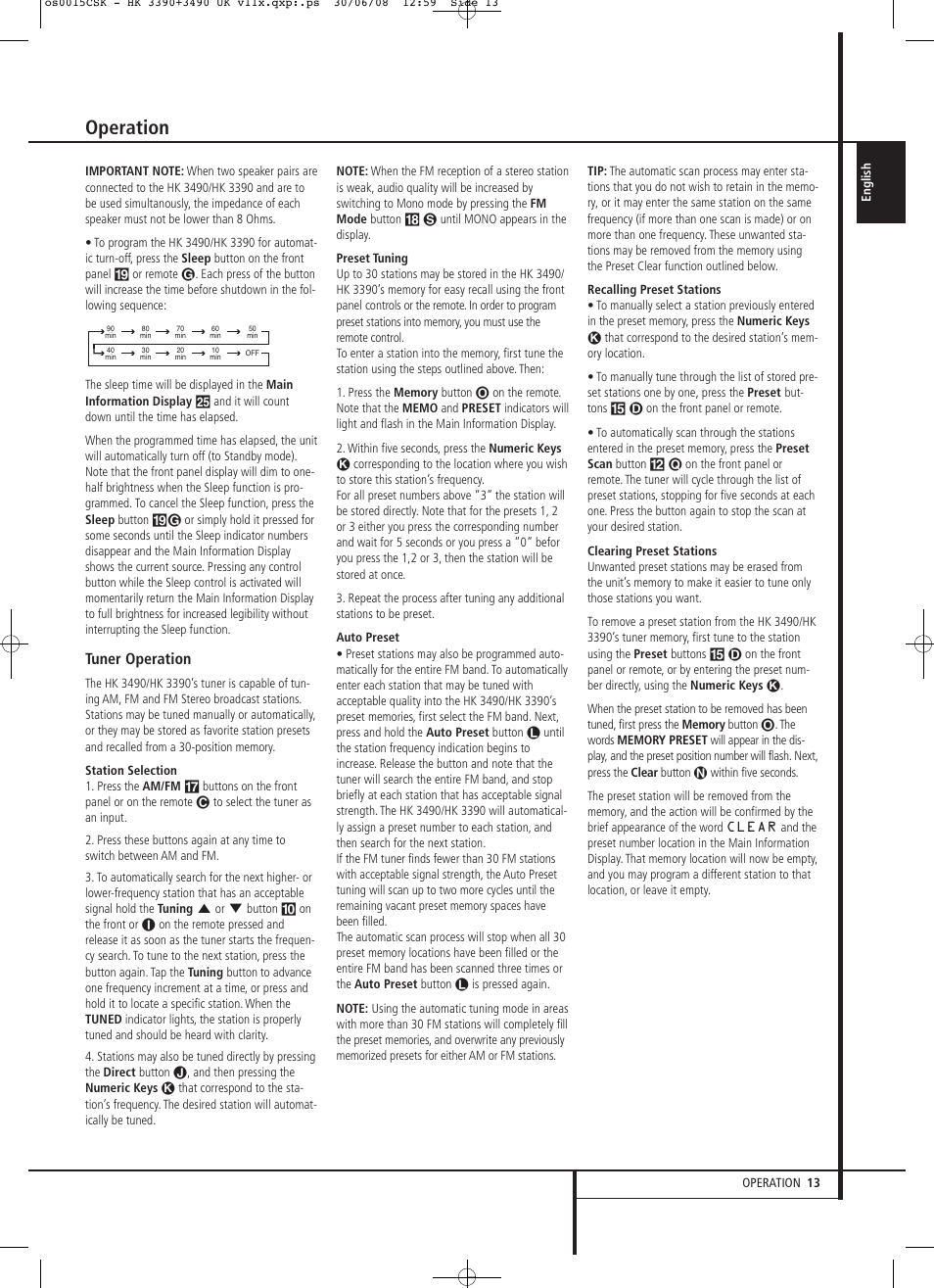 Operation, Tuner operation | Harman-Kardon HK 3390 User Manual | Page 13 / 20