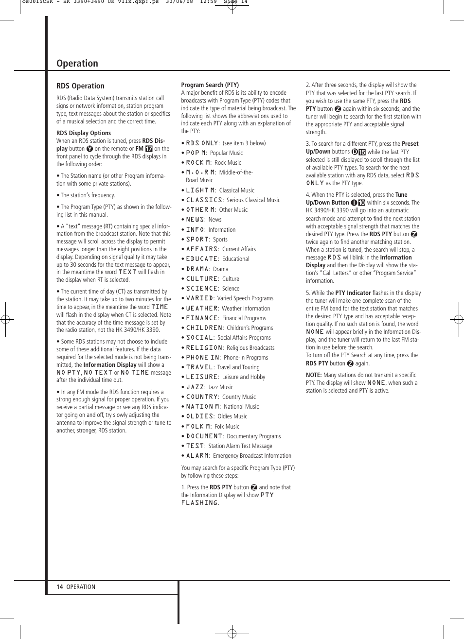 Operation | Harman-Kardon HK 3390 User Manual | Page 14 / 20