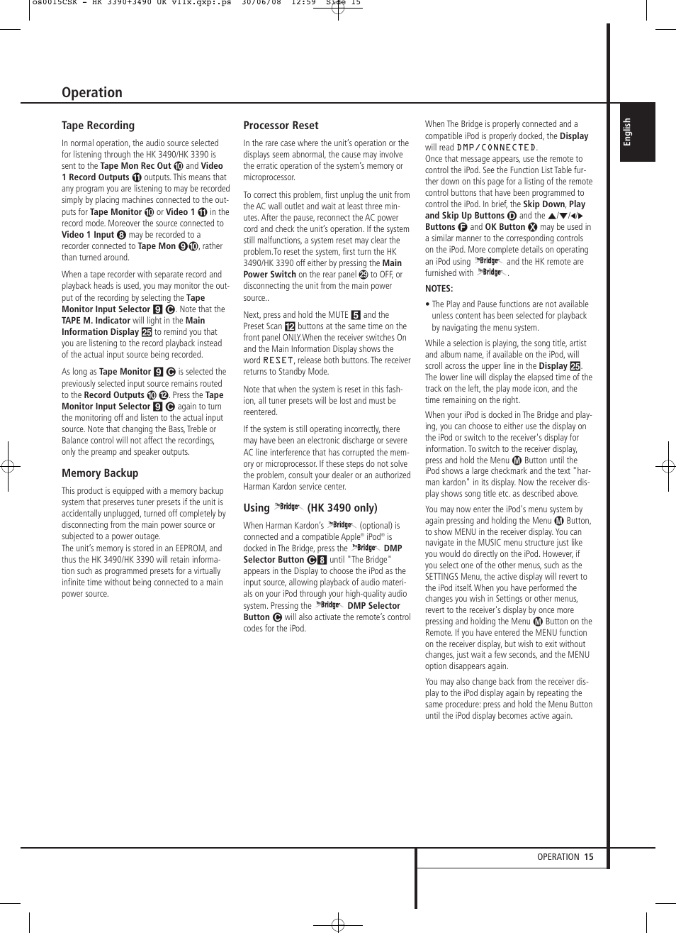 Operation | Harman-Kardon HK 3390 User Manual | Page 15 / 20