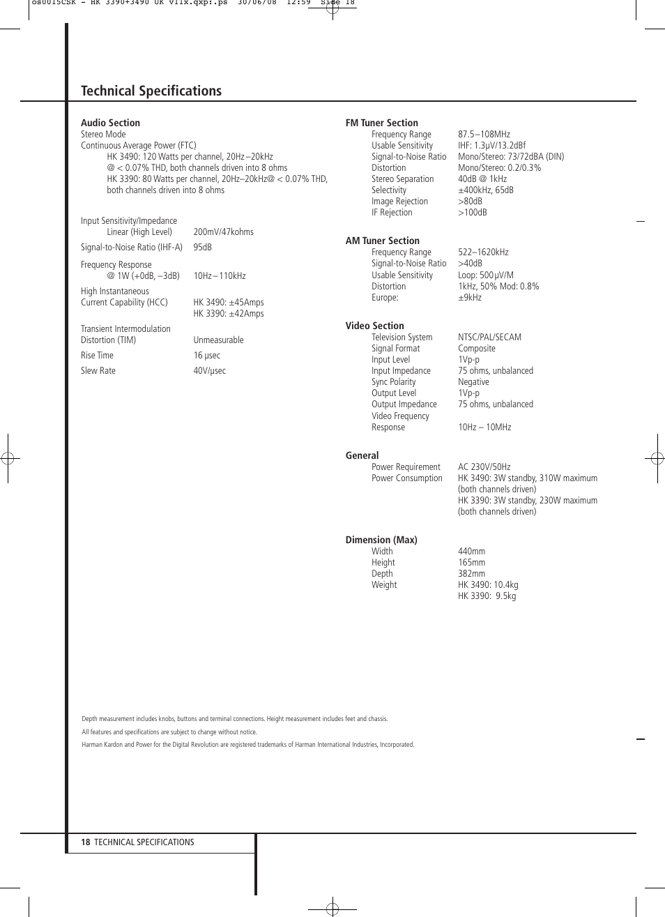 Technical specifications | Harman-Kardon HK 3390 User Manual | Page 18 / 20