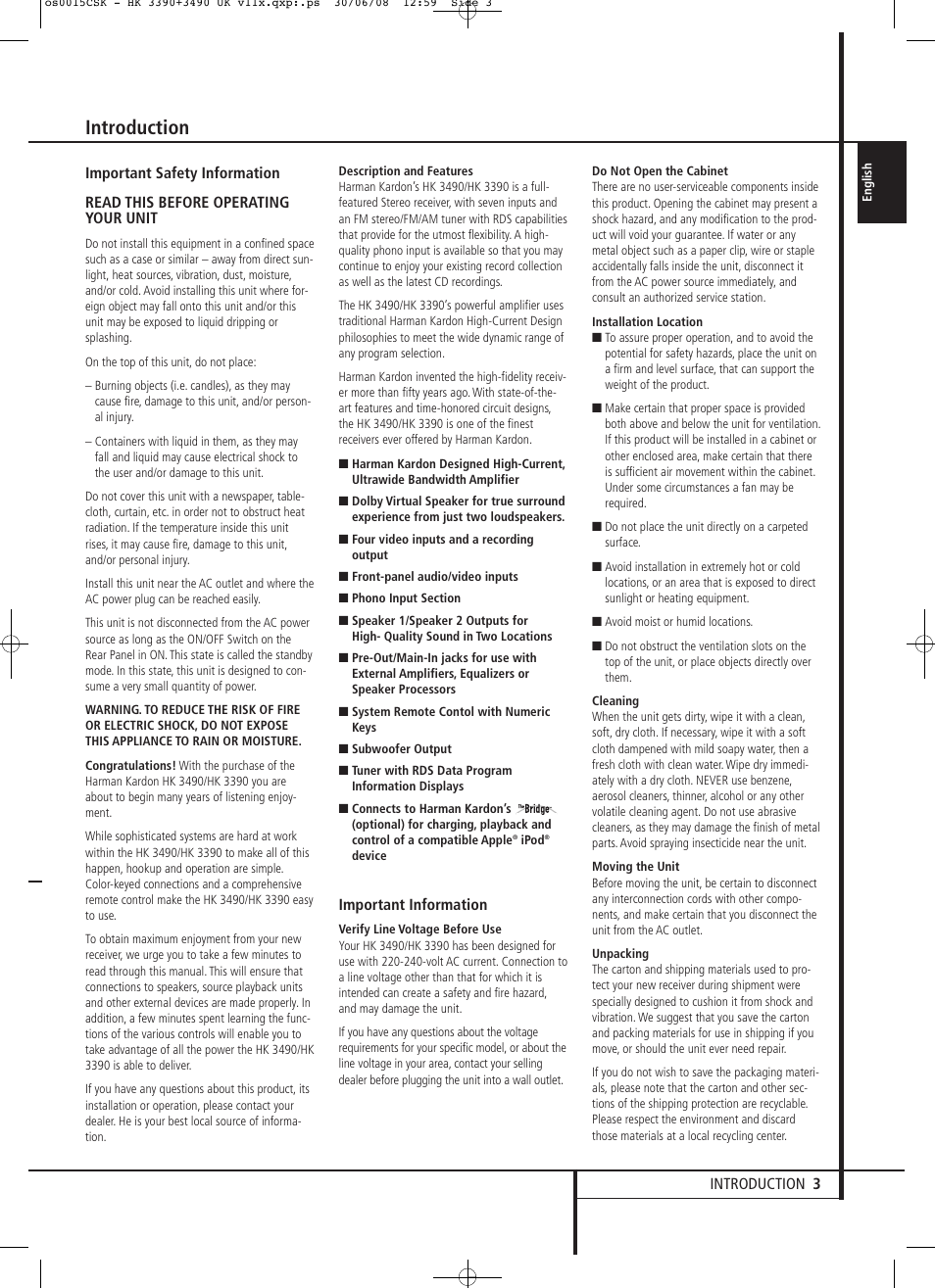 Introduction | Harman-Kardon HK 3390 User Manual | Page 3 / 20