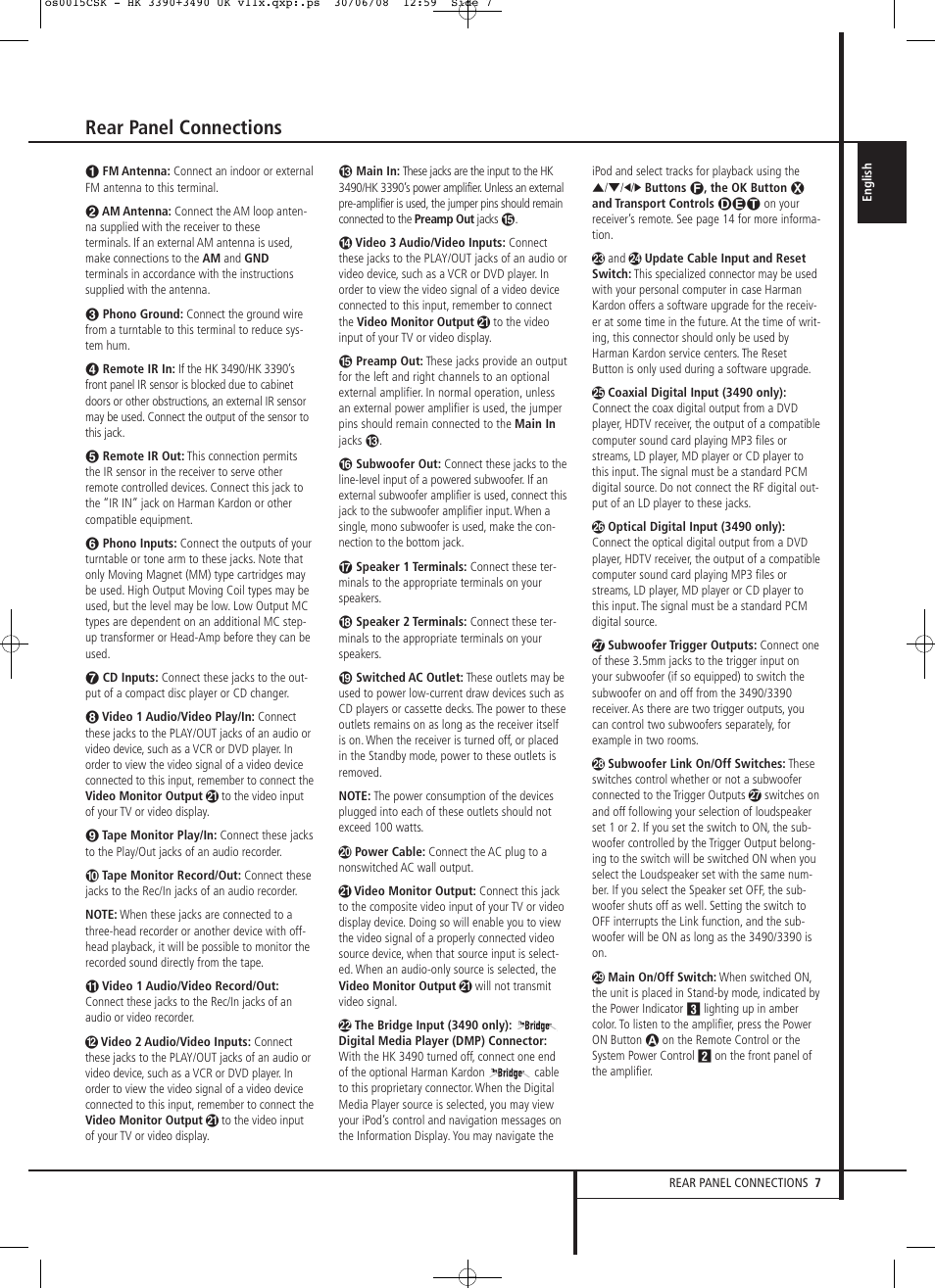 Rear panel connections | Harman-Kardon HK 3390 User Manual | Page 7 / 20