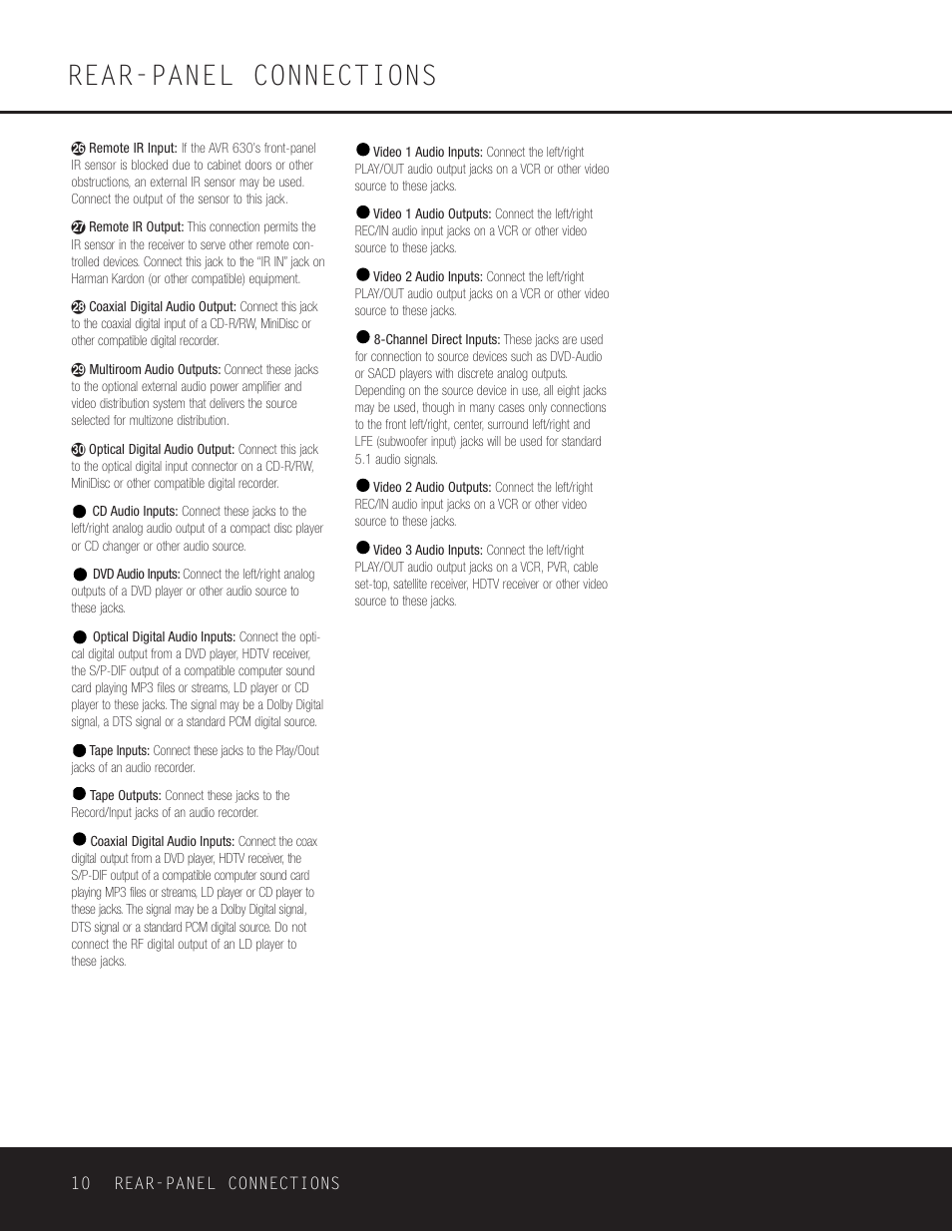 Rear-panel connections, 10 rear-panel connections | Harman-Kardon AVR 630 User Manual | Page 10 / 52