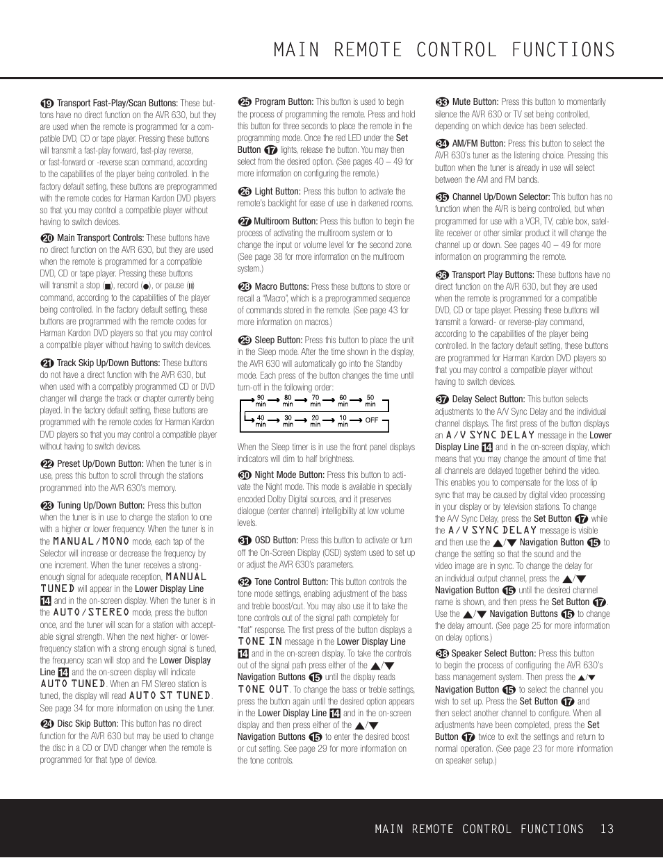 Main remote control functions | Harman-Kardon AVR 630 User Manual | Page 13 / 52