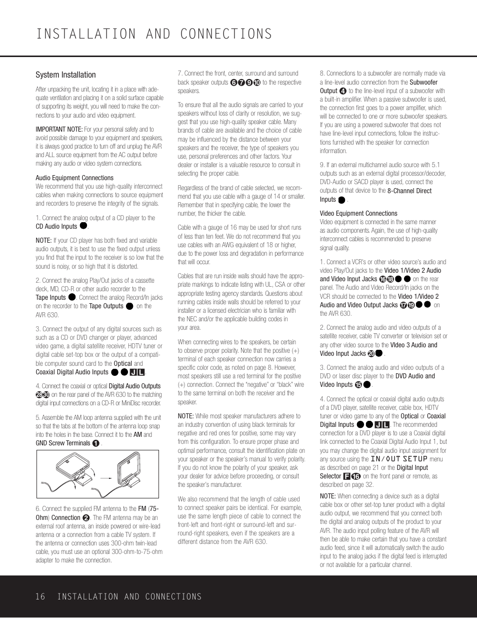 Installation and connections | Harman-Kardon AVR 630 User Manual | Page 16 / 52