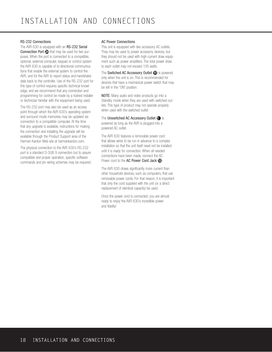 Installation and connections | Harman-Kardon AVR 630 User Manual | Page 18 / 52