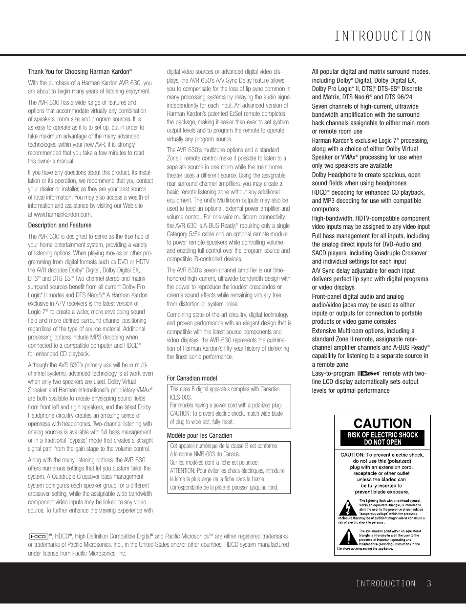 Introduction, Introduction 3 | Harman-Kardon AVR 630 User Manual | Page 3 / 52