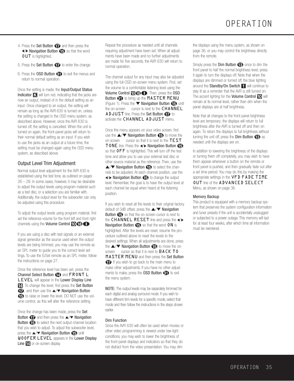 Operation, Operation 35, Output level trim adjustment | Harman-Kardon AVR 630 User Manual | Page 35 / 52