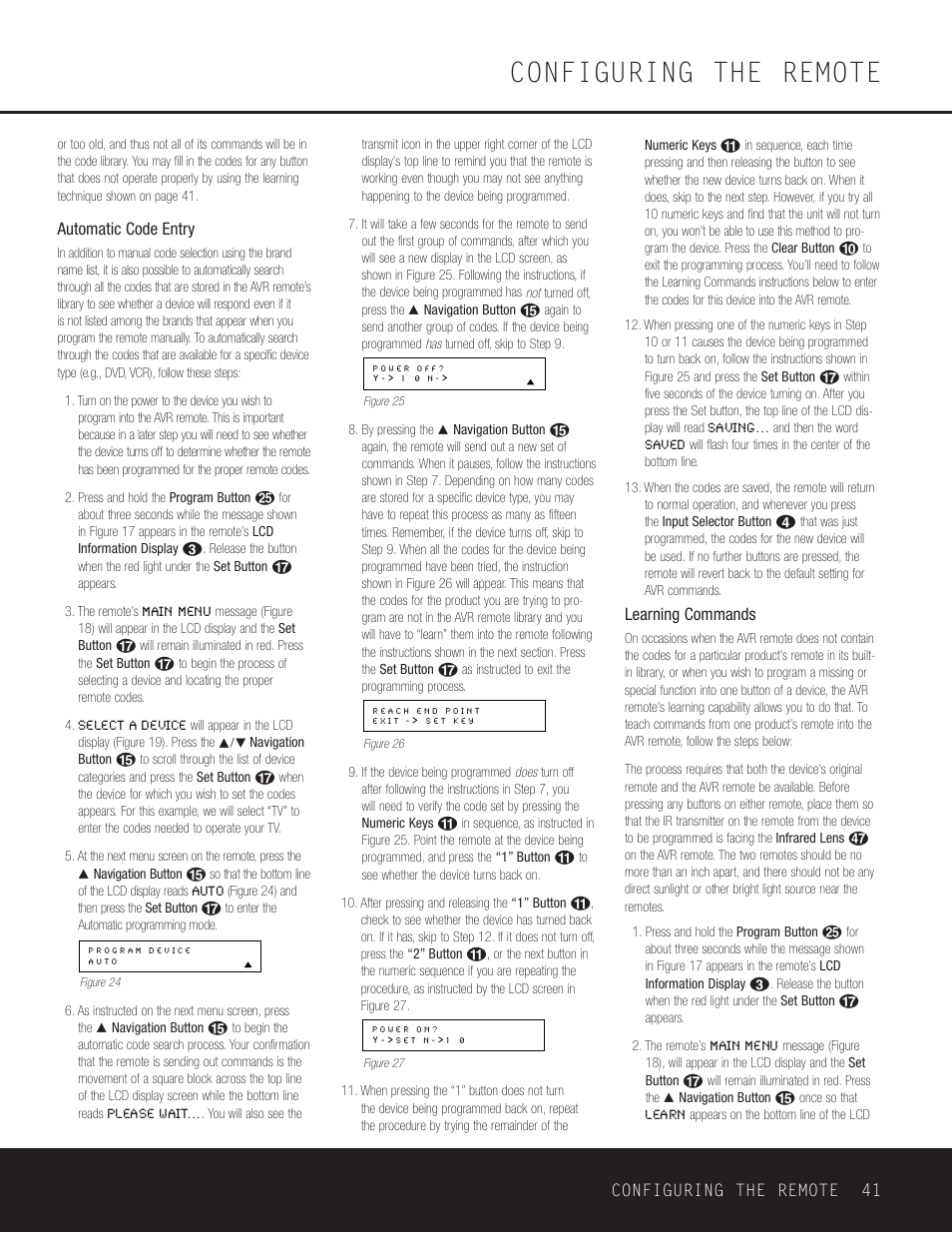 Configuring the remote, Automatic code entry, Learning commands | Configuring the remote 41 | Harman-Kardon AVR 630 User Manual | Page 41 / 52