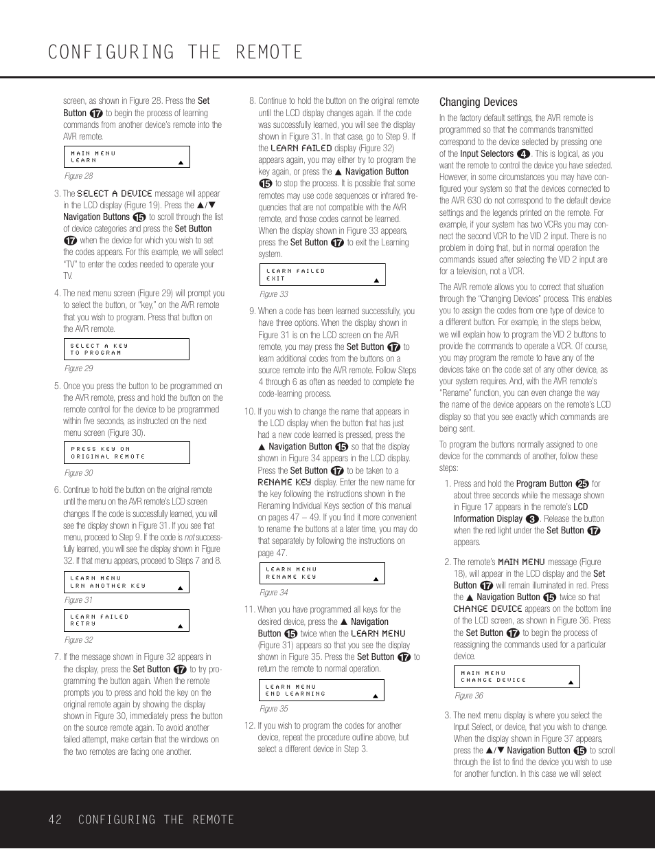 Configuring the remote, Changing devices, 42 configuring the remote | Harman-Kardon AVR 630 User Manual | Page 42 / 52