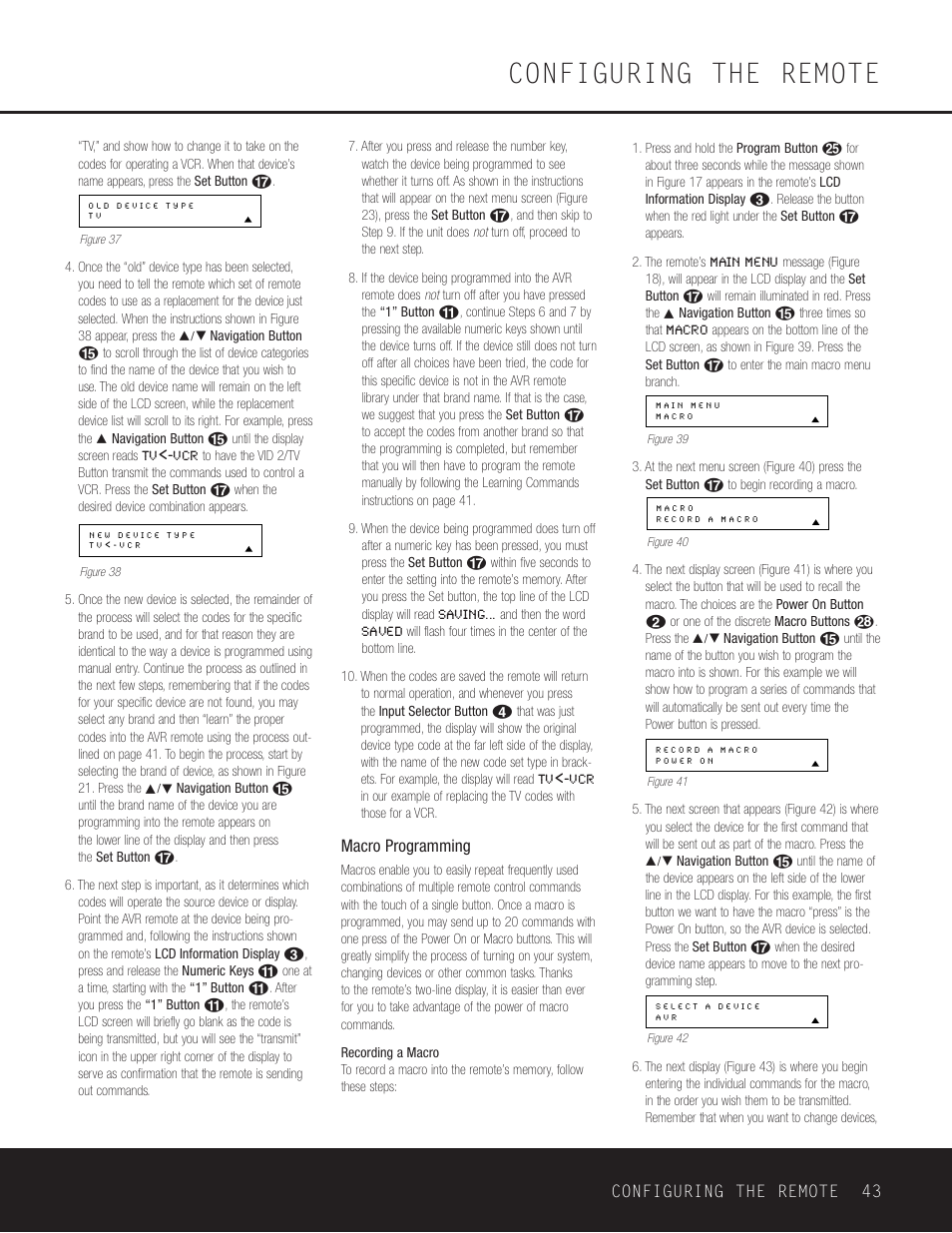 Configuring the remote, Macro programming, Configuring the remote 43 | Harman-Kardon AVR 630 User Manual | Page 43 / 52