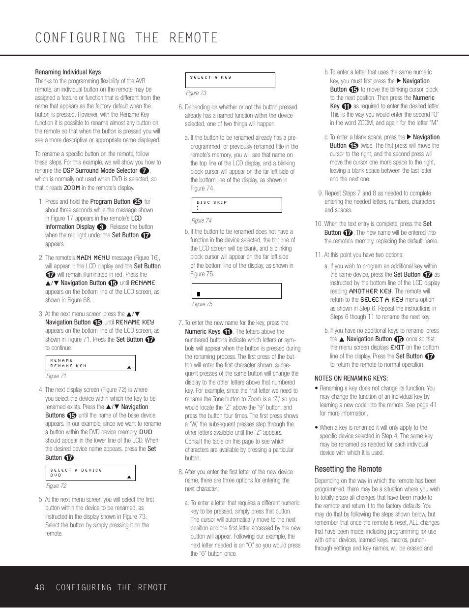 Configuring the remote, Resetting the remote, 48 configuring the remote | Harman-Kardon AVR 630 User Manual | Page 48 / 52