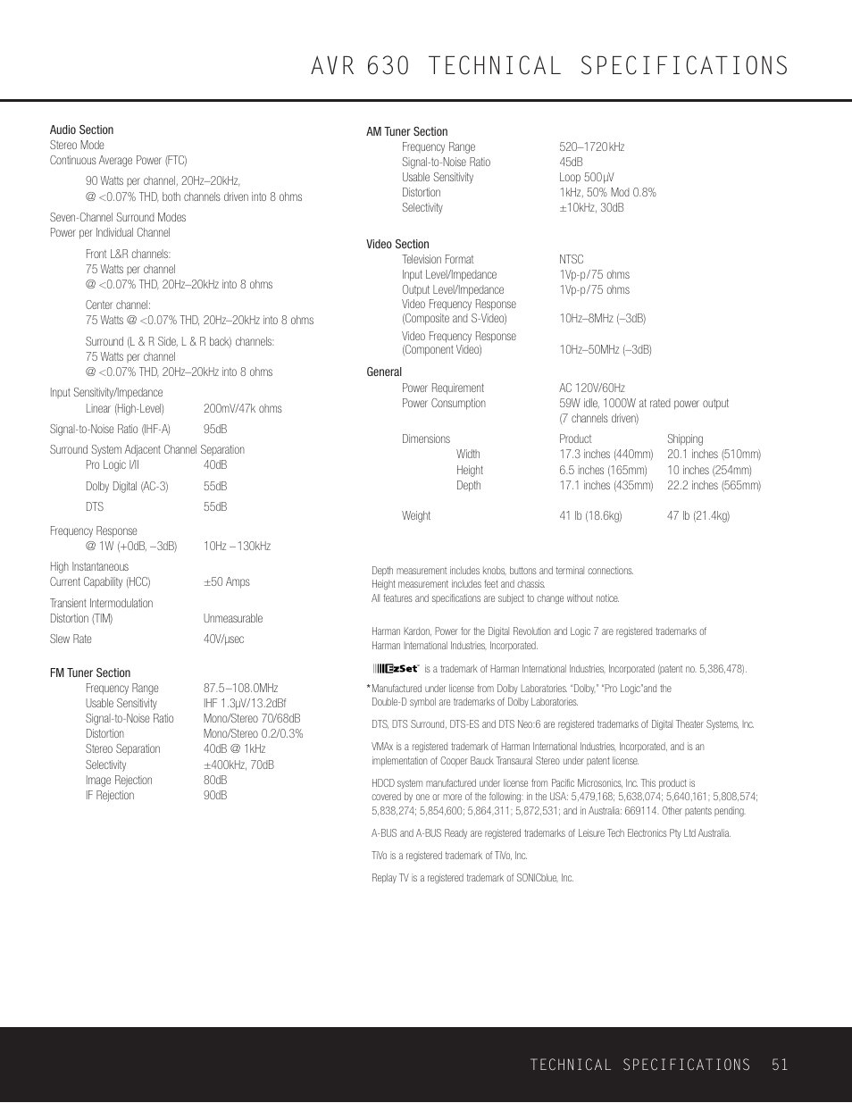 Avr 630 technical specifications | Harman-Kardon AVR 630 User Manual | Page 51 / 52