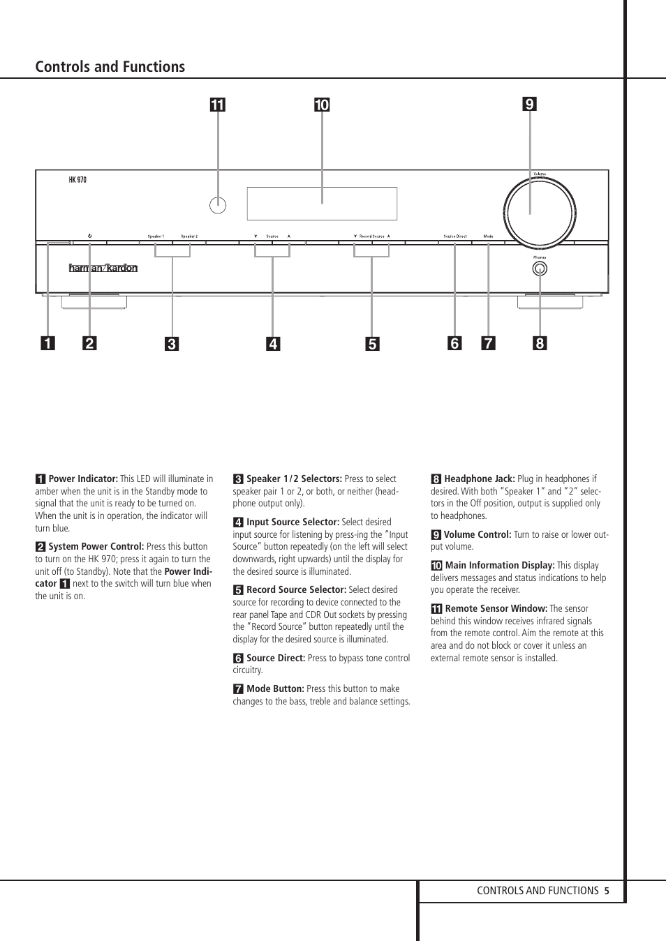 Controls and functions | Harman-Kardon HK 970 User Manual | Page 5 / 8