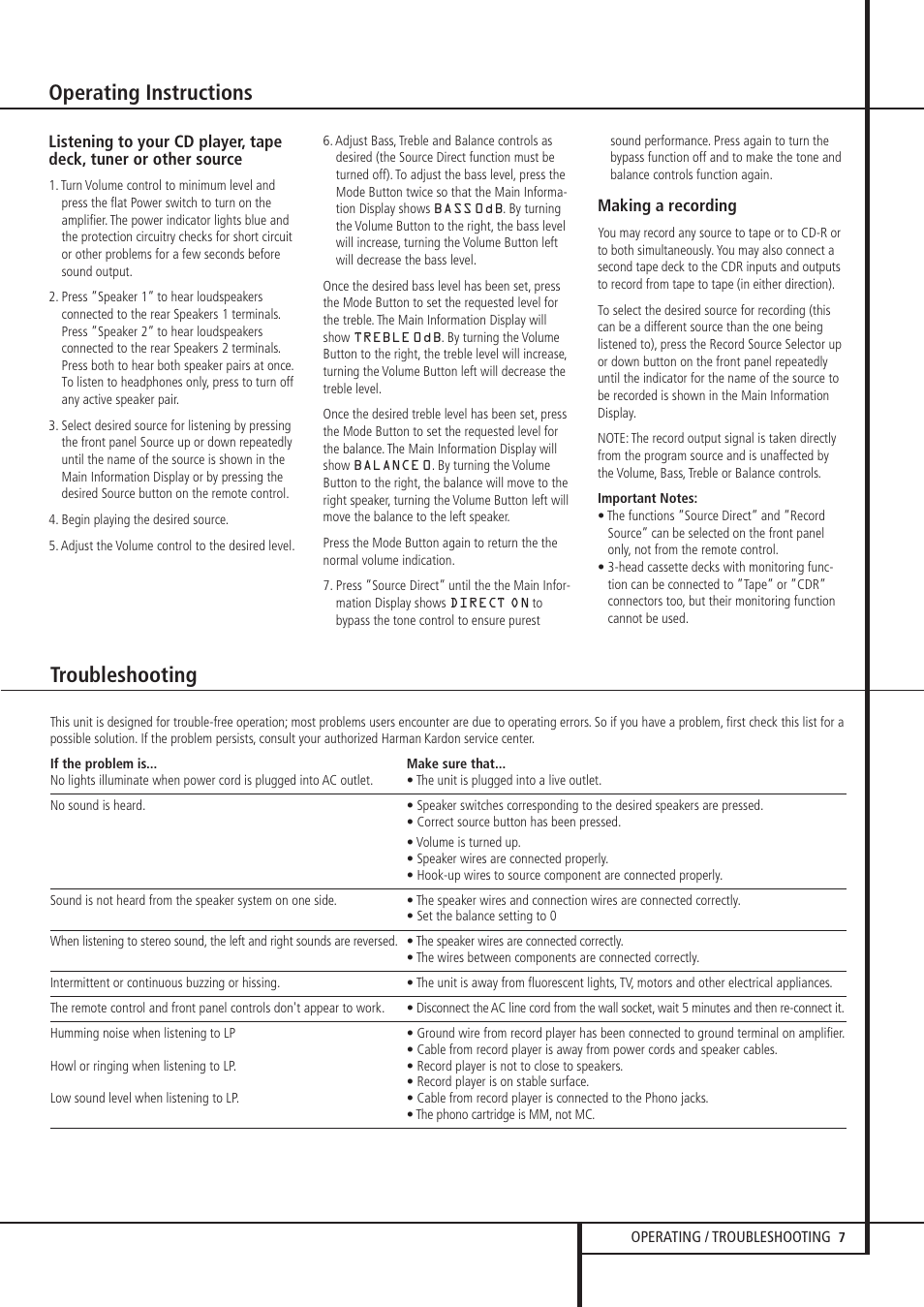 Operating instructions, Troubleshooting | Harman-Kardon HK 970 User Manual | Page 7 / 8