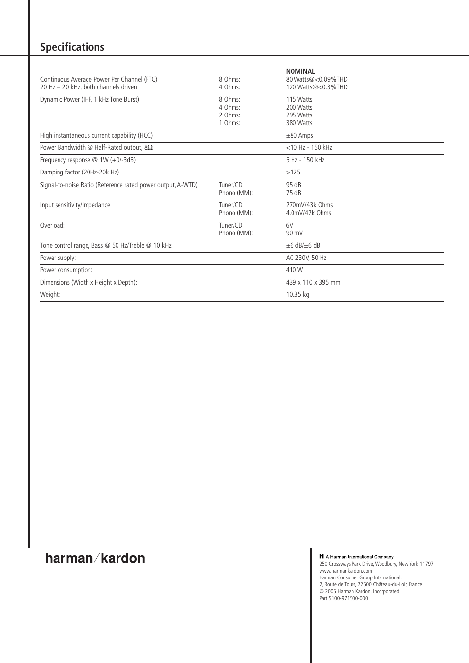 Specifications | Harman-Kardon HK 970 User Manual | Page 8 / 8