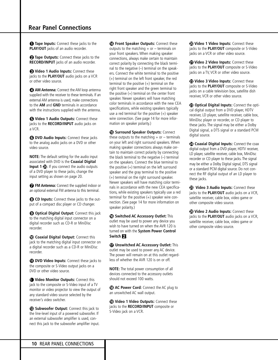 Rear panel connections | Harman-Kardon AVR 120 User Manual | Page 10 / 44