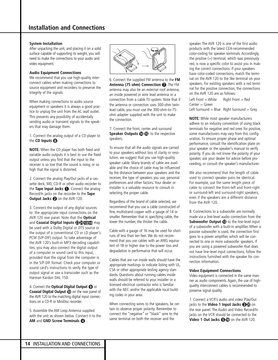 Installation and connections | Harman-Kardon AVR 120 User Manual | Page 14 / 44