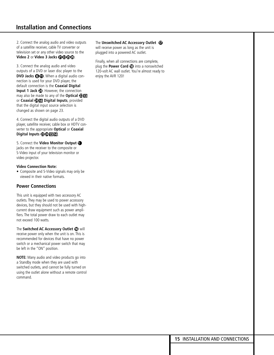 Installation and connections | Harman-Kardon AVR 120 User Manual | Page 15 / 44