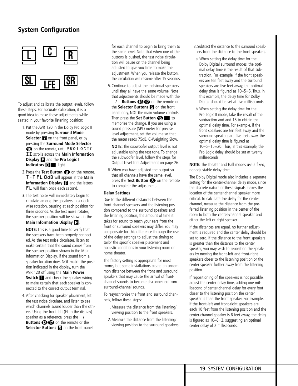 Lr c sl sr lfe, System configuration | Harman-Kardon AVR 120 User Manual | Page 19 / 44