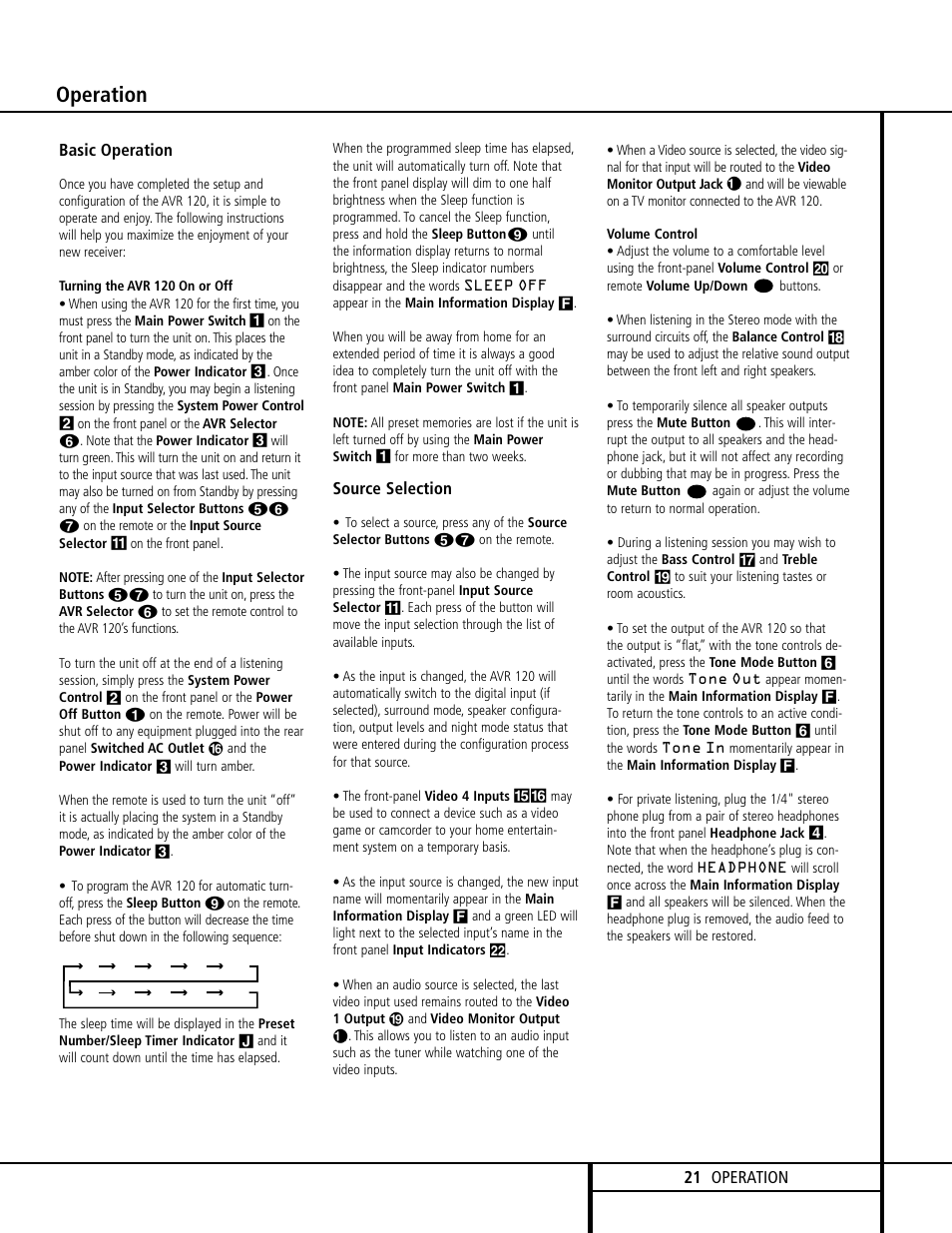 Operation, 21 operation, Basic operation | Source selection | Harman-Kardon AVR 120 User Manual | Page 21 / 44