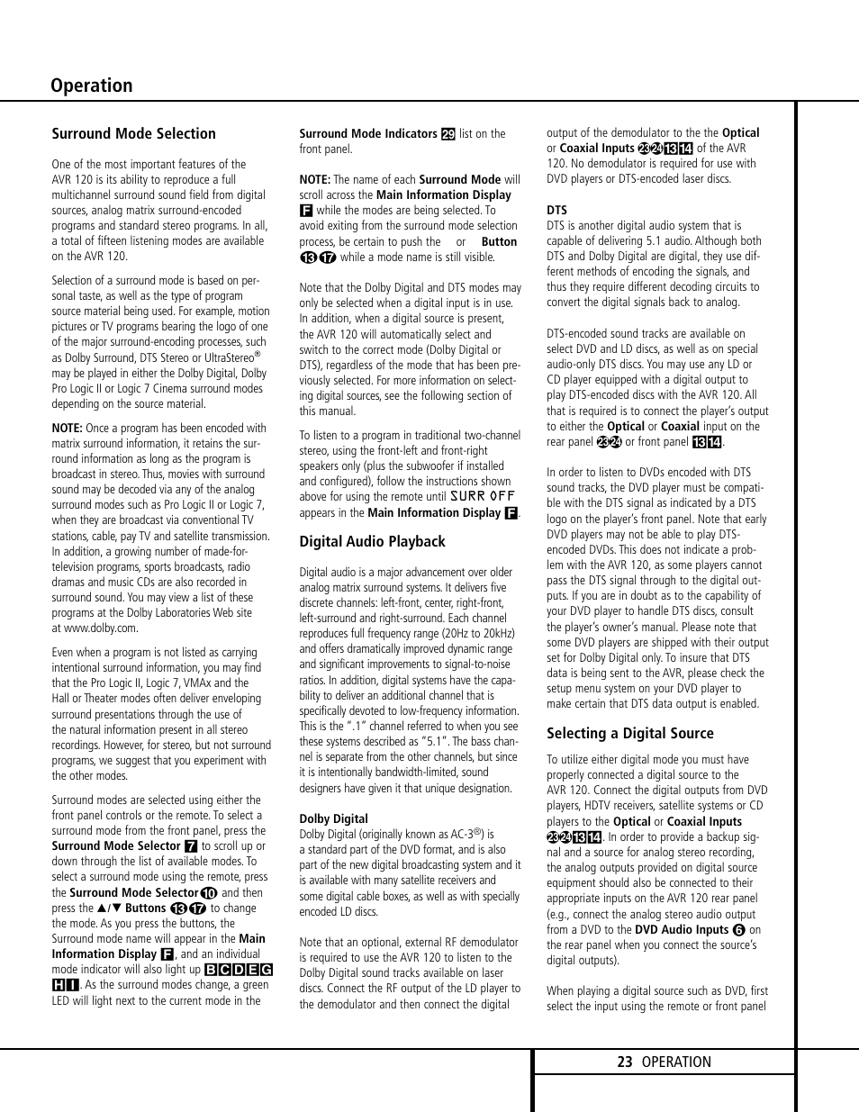 Operation | Harman-Kardon AVR 120 User Manual | Page 23 / 44