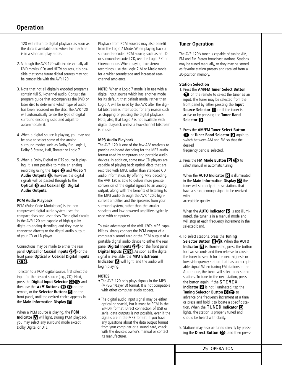 Operation | Harman-Kardon AVR 120 User Manual | Page 25 / 44