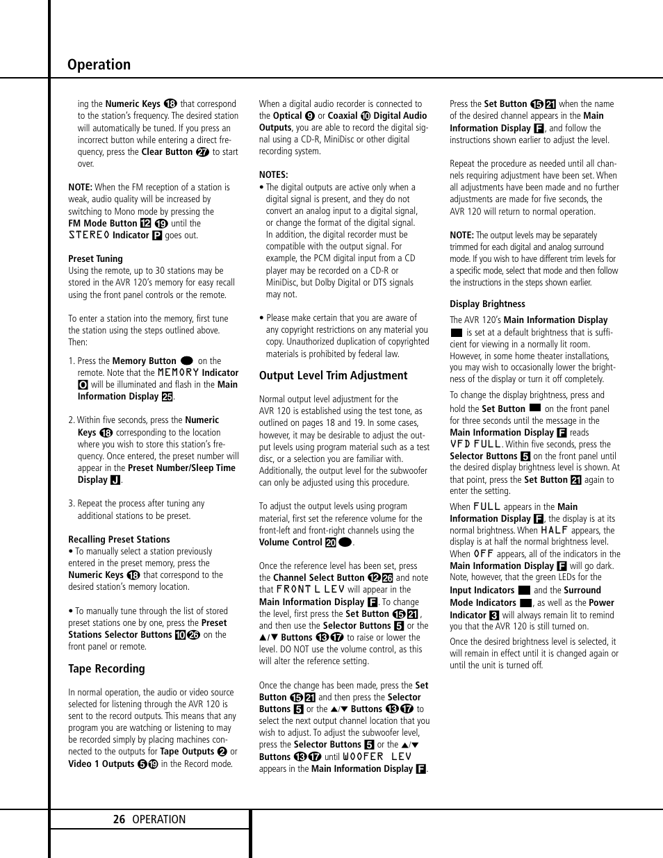 Operation | Harman-Kardon AVR 120 User Manual | Page 26 / 44