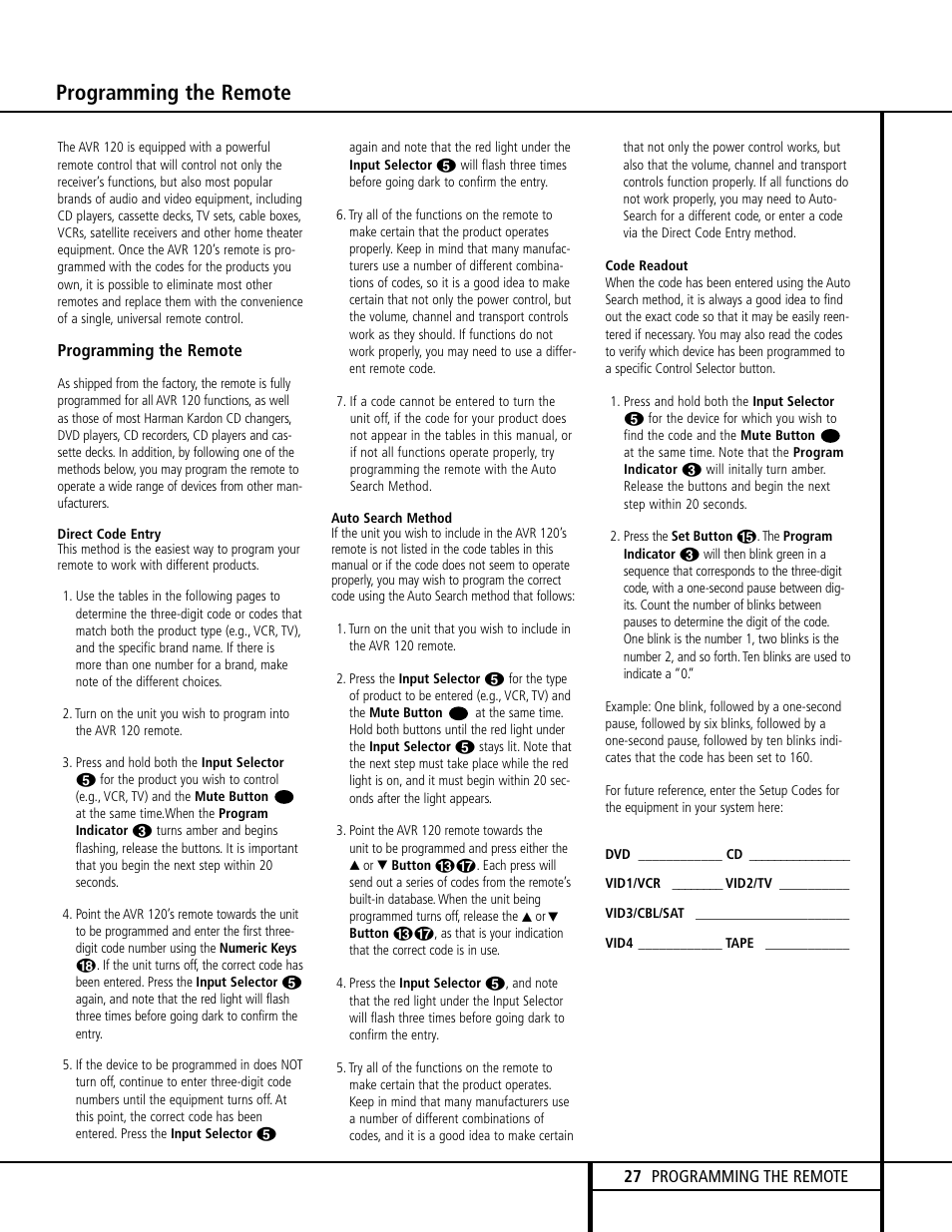 Programming the remote | Harman-Kardon AVR 120 User Manual | Page 27 / 44