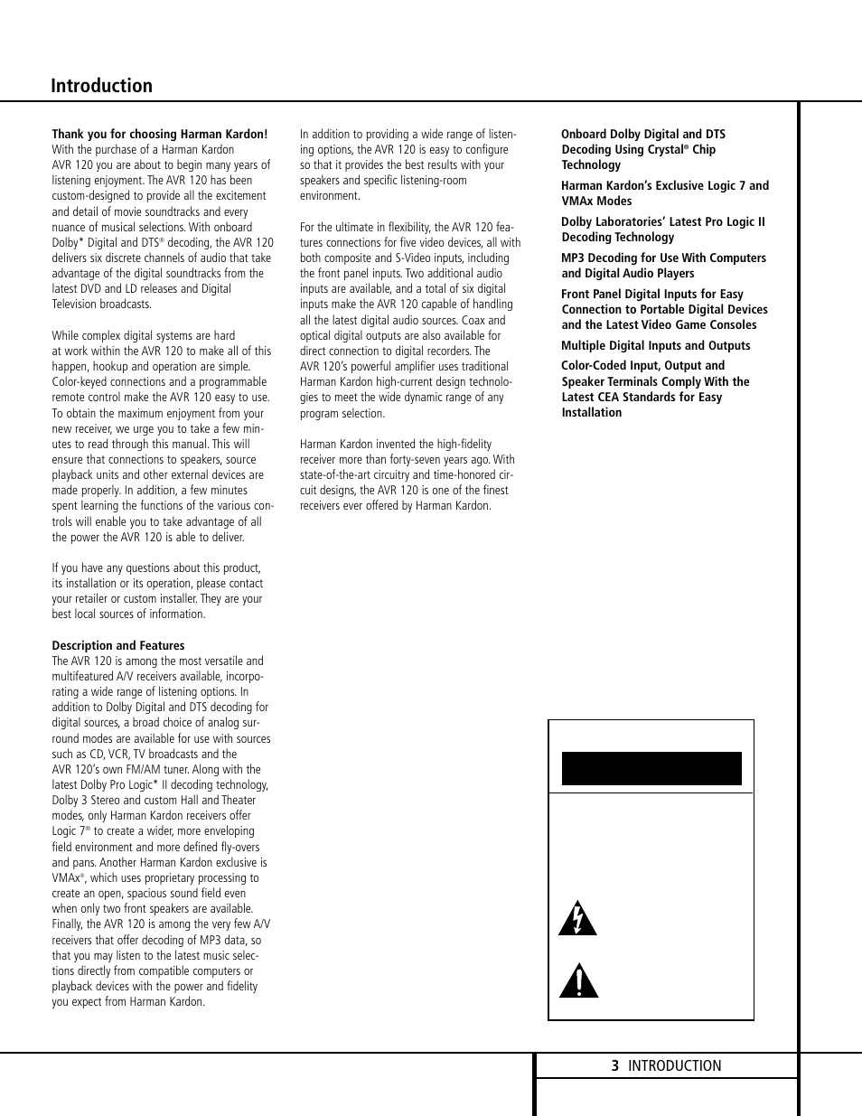 Caution, Introduction, 3 introduction | Risk of electric shock do not open | Harman-Kardon AVR 120 User Manual | Page 3 / 44