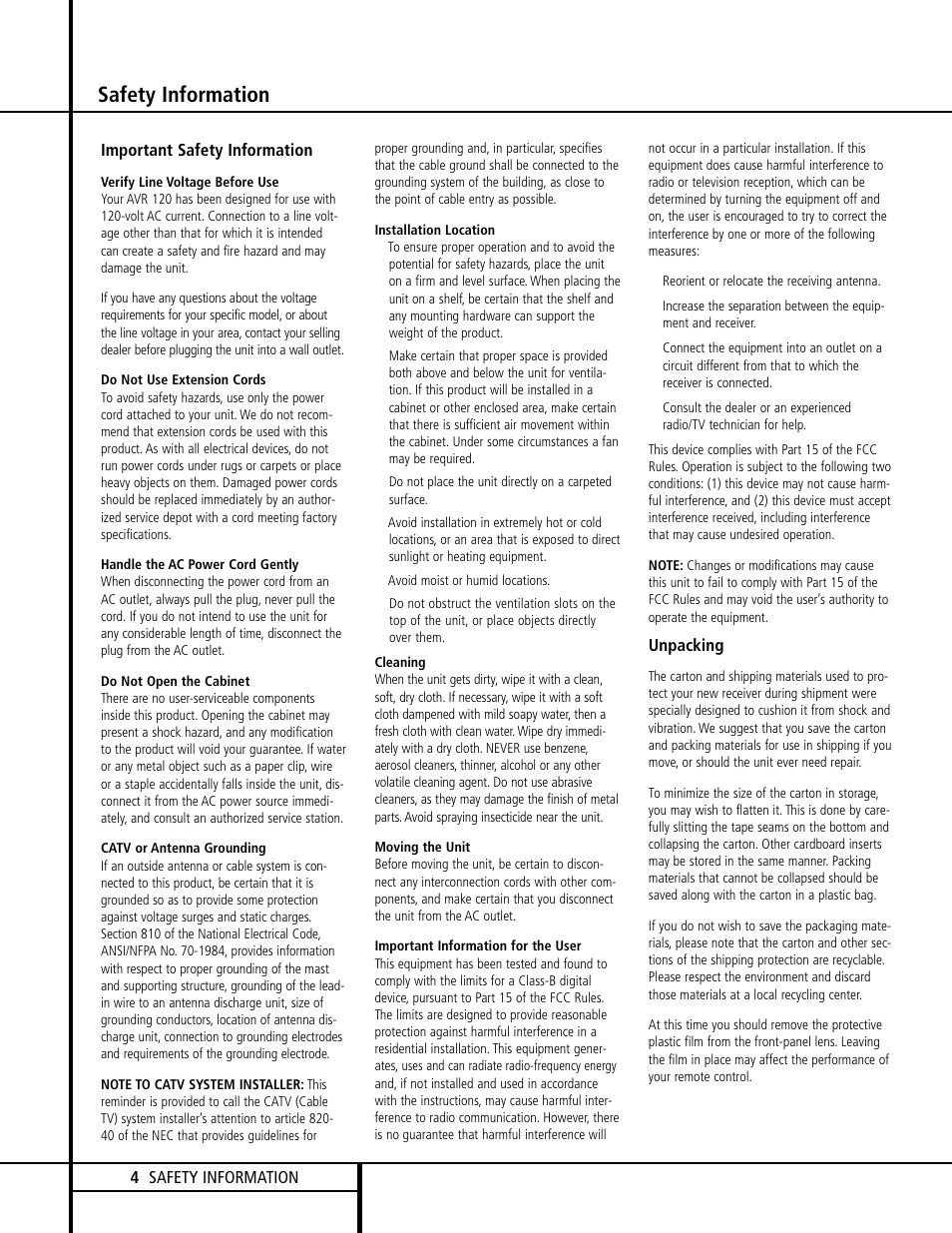 Safety information | Harman-Kardon AVR 120 User Manual | Page 4 / 44