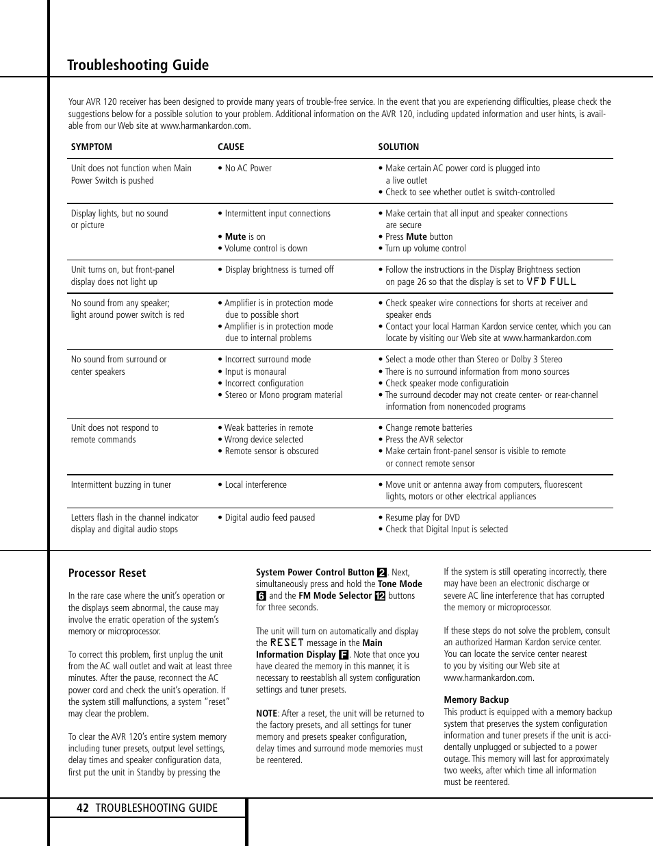 Troubleshooting guide | Harman-Kardon AVR 120 User Manual | Page 42 / 44