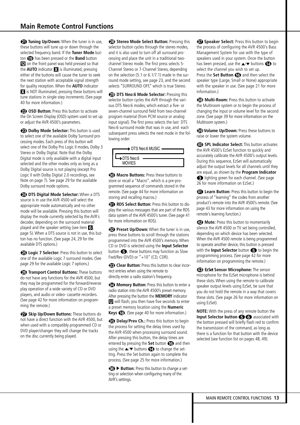 Main remote control functions | Harman-Kardon AVR4500 User Manual | Page 13 / 70