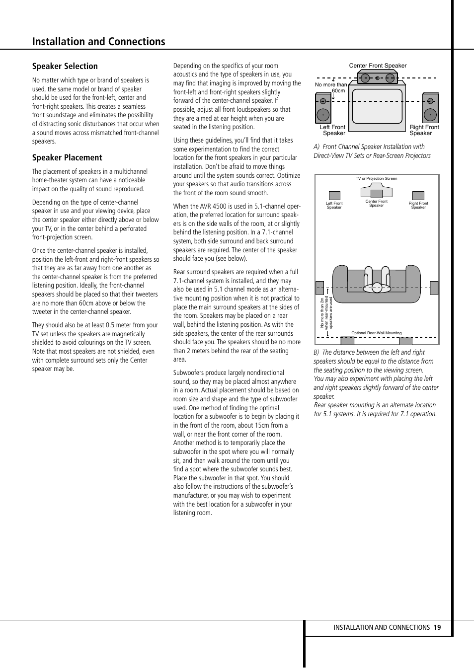 Installation and connections, Speaker selection, Speaker placement | Harman-Kardon AVR4500 User Manual | Page 19 / 70