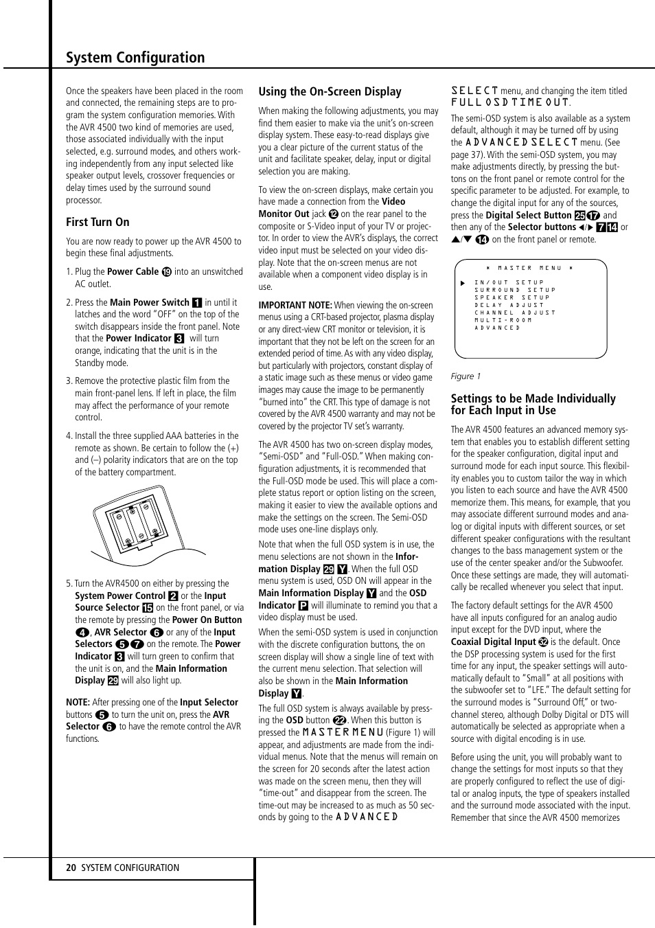 System configuration, First turn on, Using the on-screen display | Harman-Kardon AVR4500 User Manual | Page 20 / 70