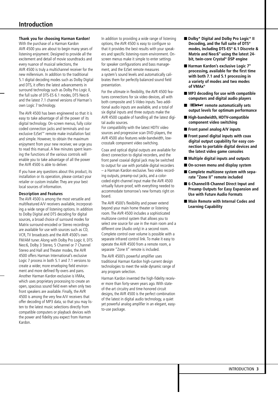 Introduction | Harman-Kardon AVR4500 User Manual | Page 3 / 70