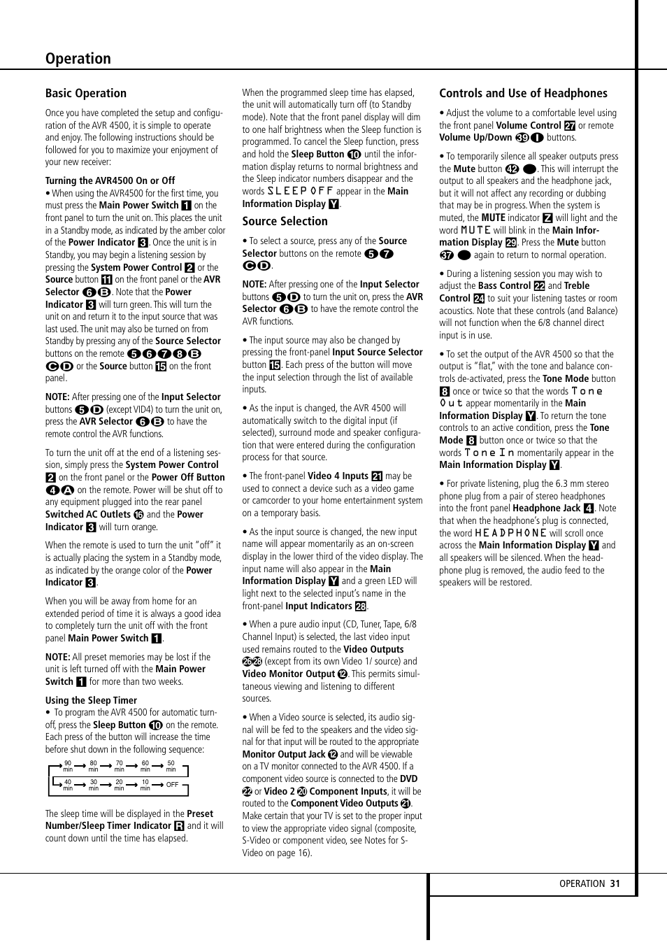 Operation, Basic operation, Source selection | Controls and use of headphones | Harman-Kardon AVR4500 User Manual | Page 31 / 70
