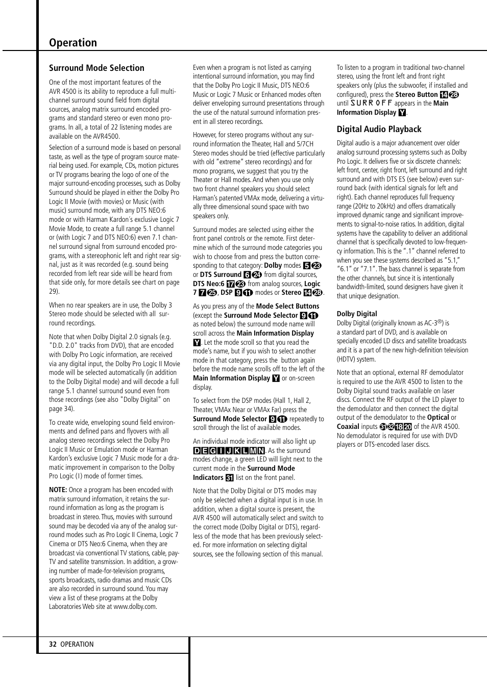 Operation | Harman-Kardon AVR4500 User Manual | Page 32 / 70