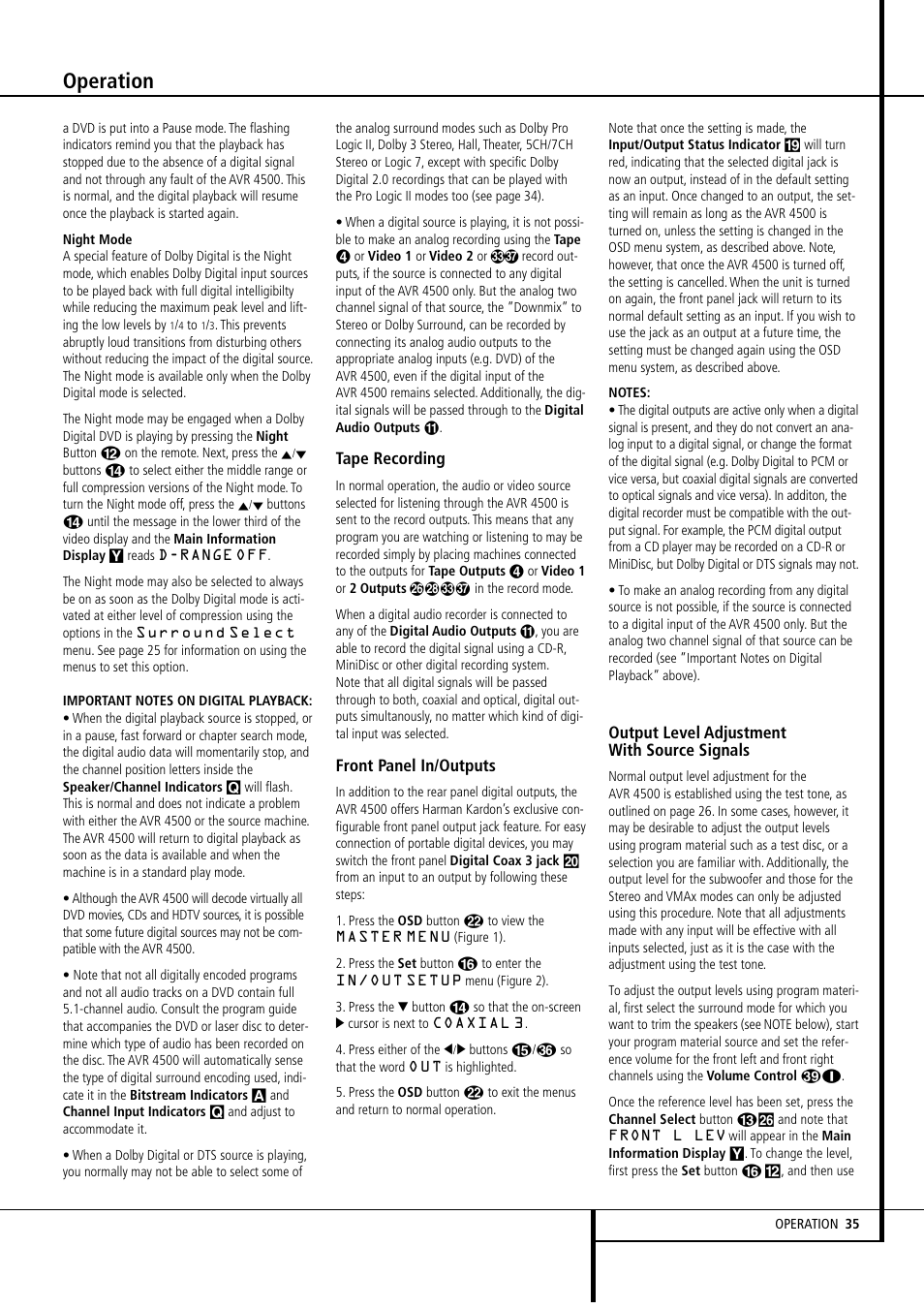 Operation, Tape recording, Front panel in/outputs | Output level adjustment with source signals | Harman-Kardon AVR4500 User Manual | Page 35 / 70