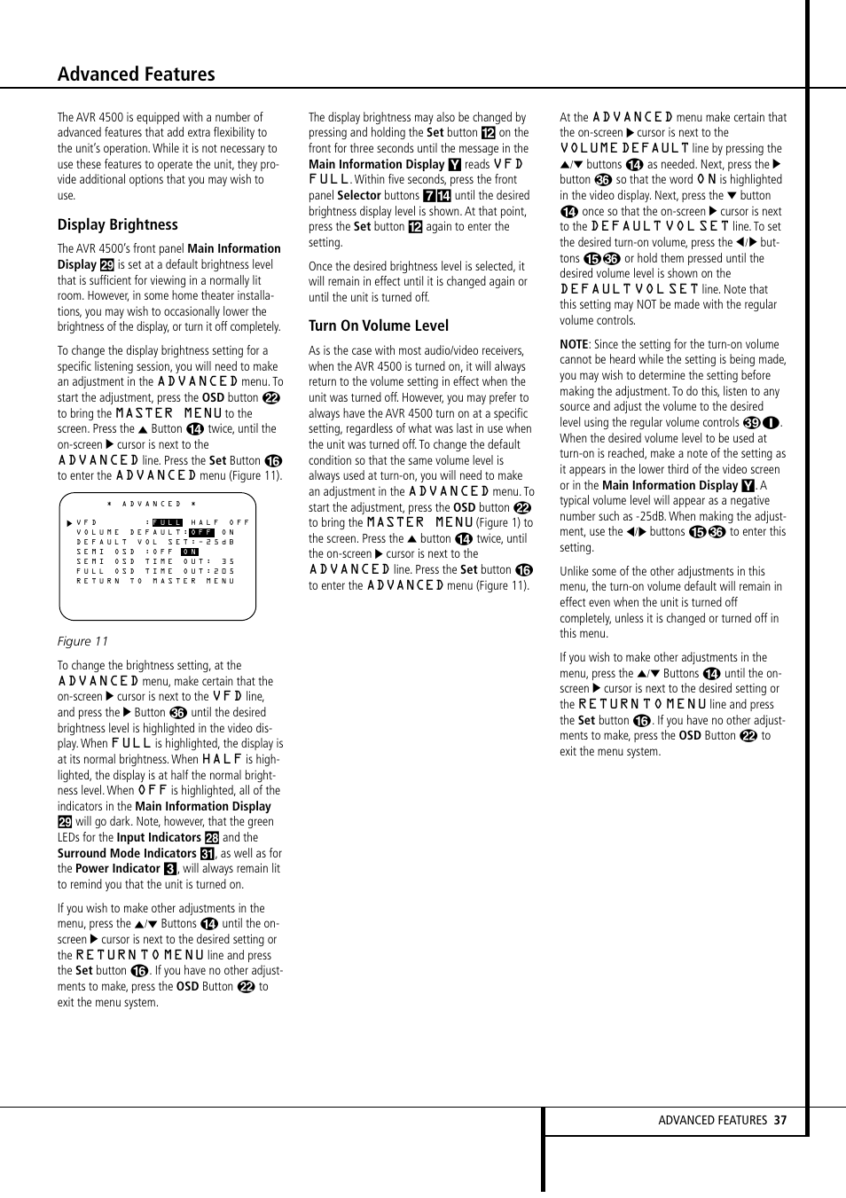 Advanced features, Display brightness, Turn on volume level | Harman-Kardon AVR4500 User Manual | Page 37 / 70