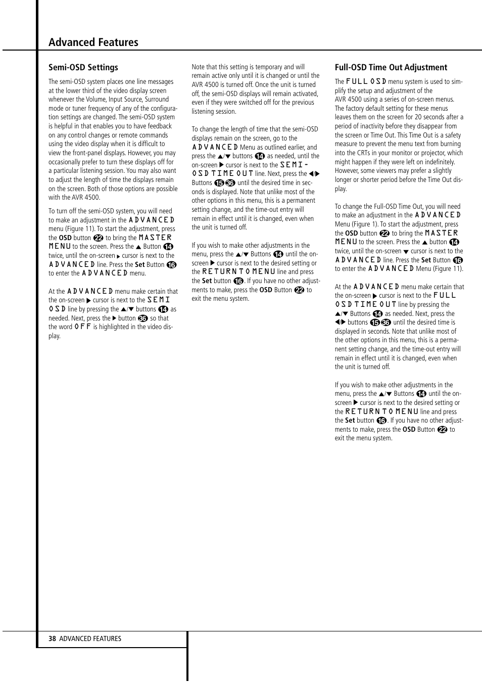Advanced features, Semi-osd settings, Full-osd time out adjustment | Harman-Kardon AVR4500 User Manual | Page 38 / 70