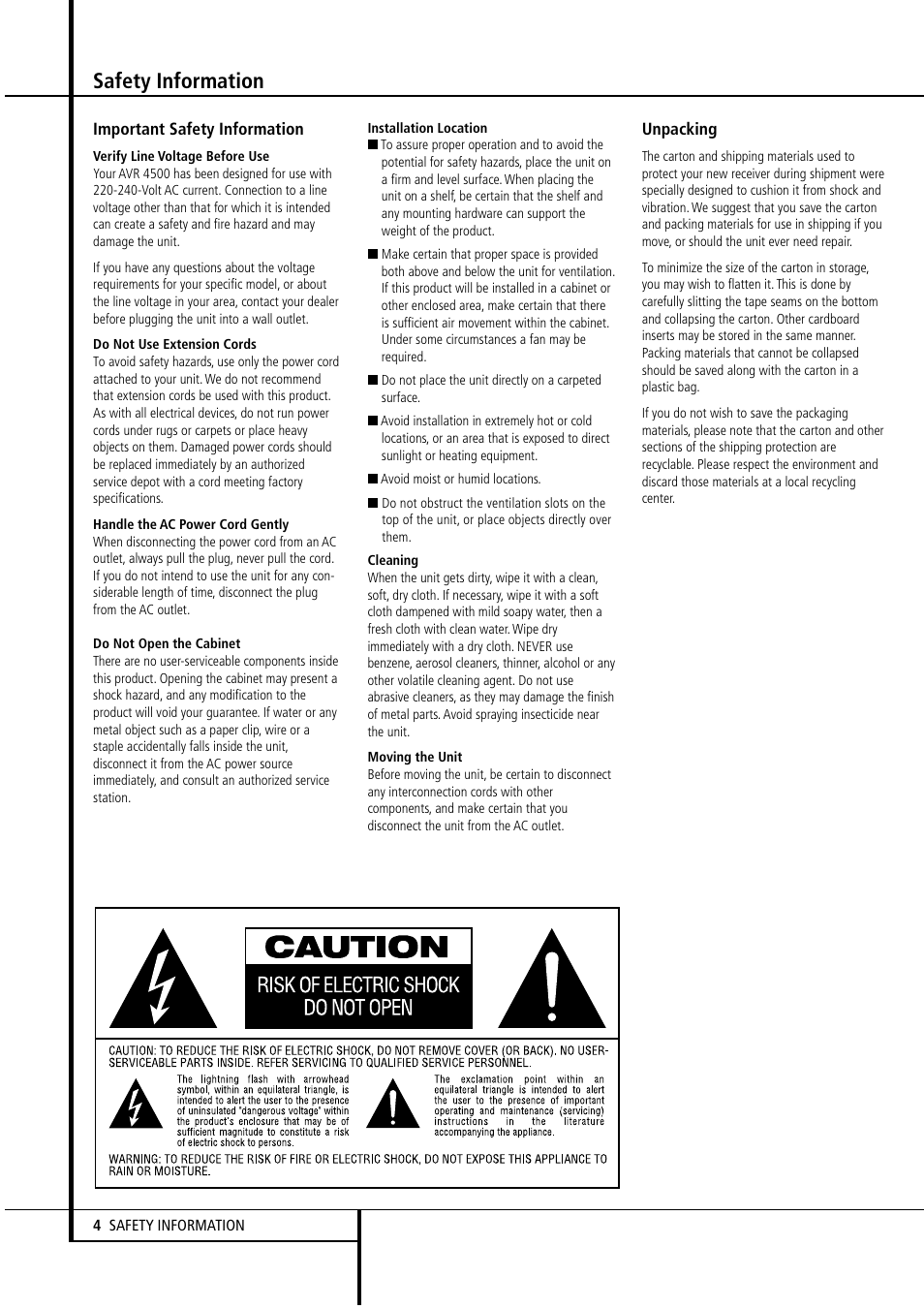 Safety information | Harman-Kardon AVR4500 User Manual | Page 4 / 70