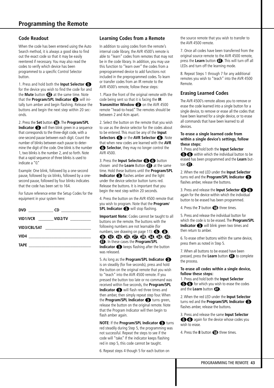 Programming the remote | Harman-Kardon AVR4500 User Manual | Page 43 / 70