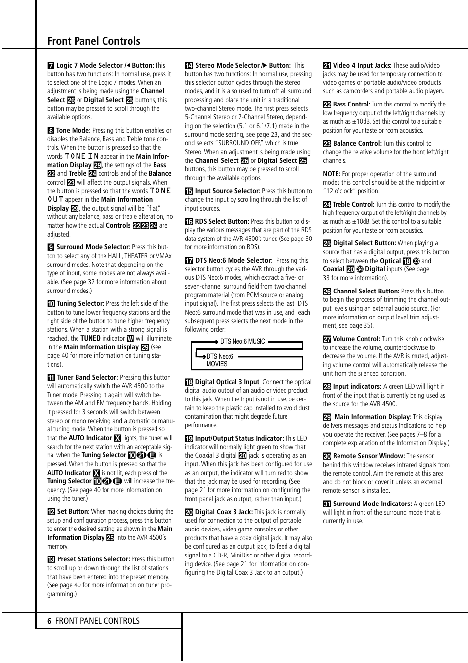 Front panel controls | Harman-Kardon AVR4500 User Manual | Page 6 / 70