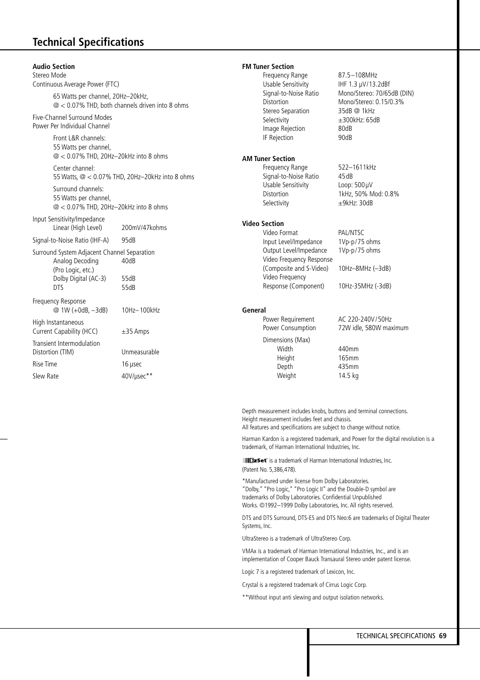 Technical specifications | Harman-Kardon AVR4500 User Manual | Page 69 / 70