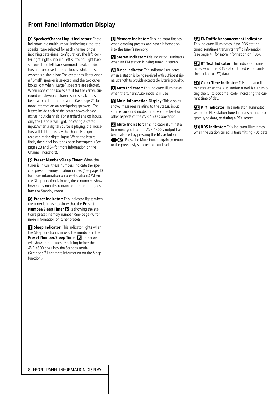 Front panel information display | Harman-Kardon AVR4500 User Manual | Page 8 / 70