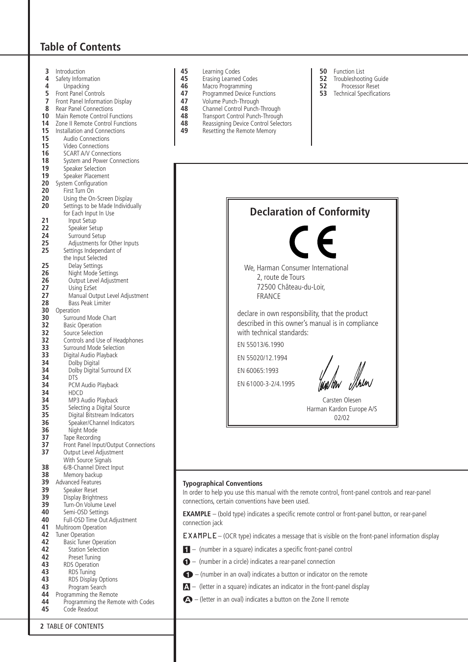 Harman-Kardon AVR 8500 User Manual | Page 2 / 54